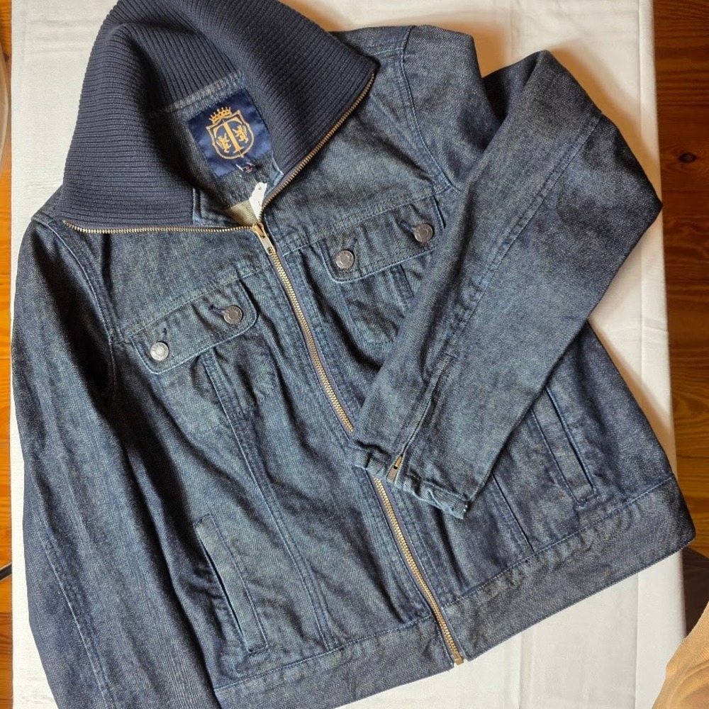 Talbots Denim Jacket !0 W Knit Collar Full Zip Jean Jacket
